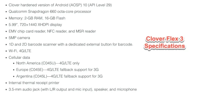 Clover Flex 3 Specifications