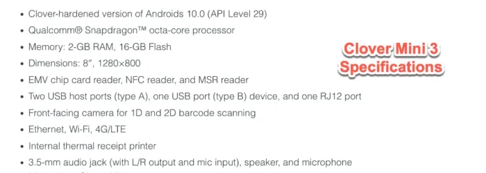Clover Mini 3 Specifications