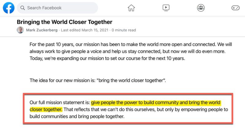 Facebook mission statement example