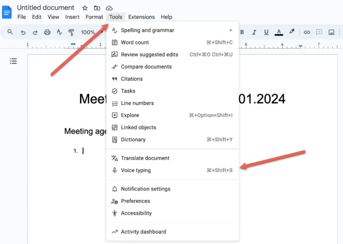 Google Docs Voice Typing