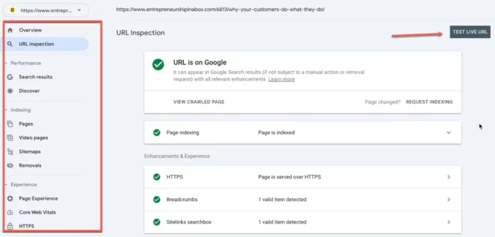 Google Search Console URL Inspection