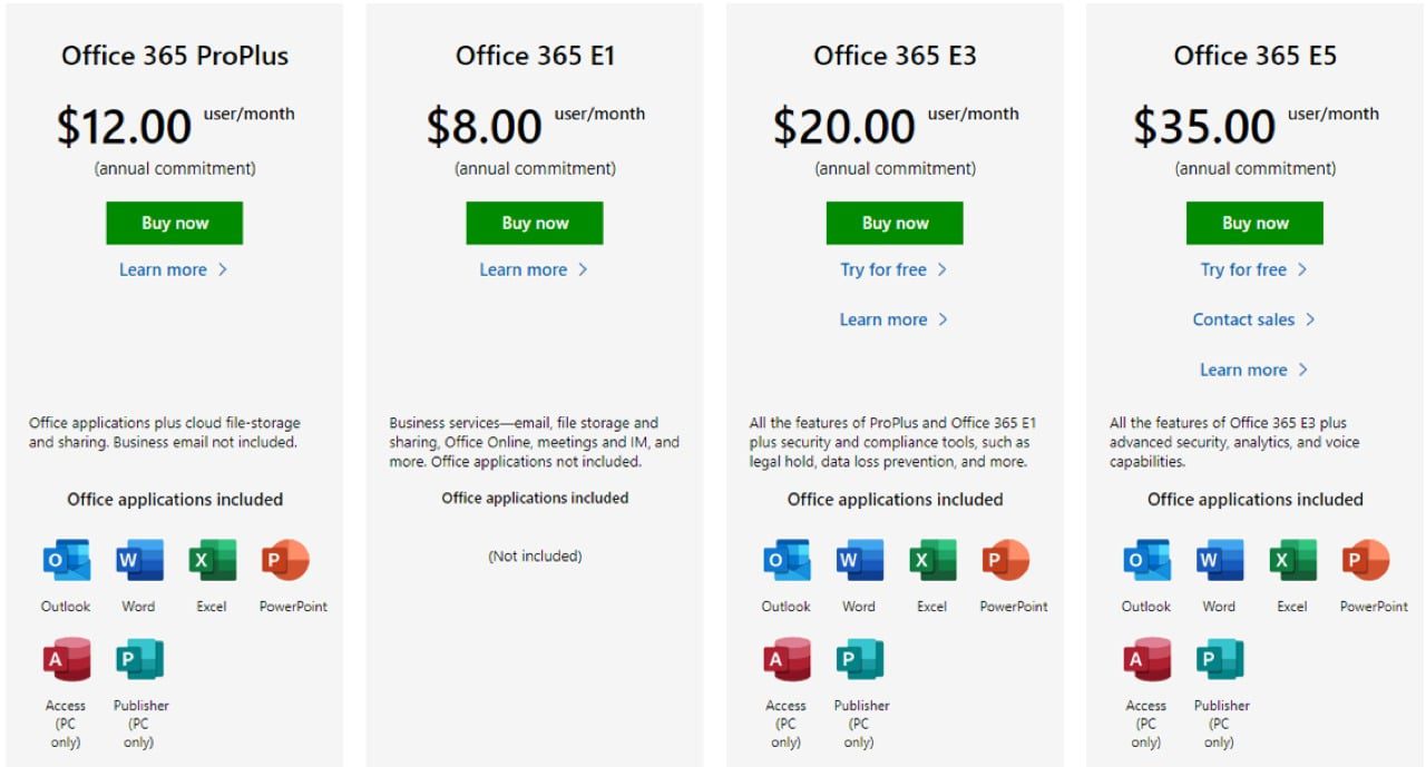 Office 365 Enterprise pricing is based on user/month
