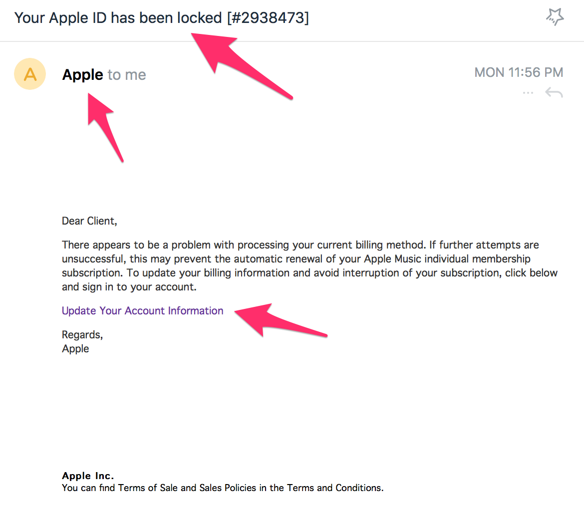 Example of Phishing Attacks Email