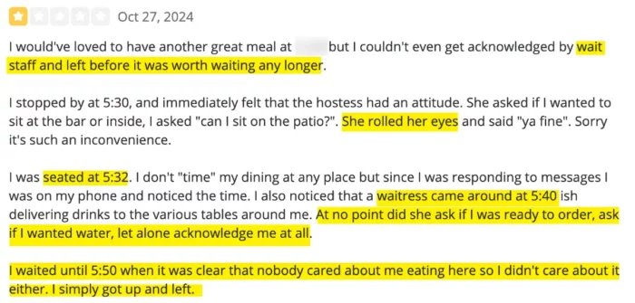 Yelp online review - bad customer experience