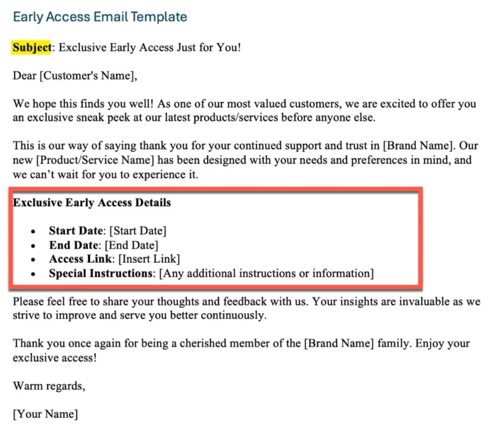 early access email template